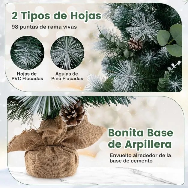 Árvore de Natal artificial pré-iluminada de 90 cm com 98 pontas de PVC com neve e agulhas de pinheiro Bagas 30 luzes LED Verde