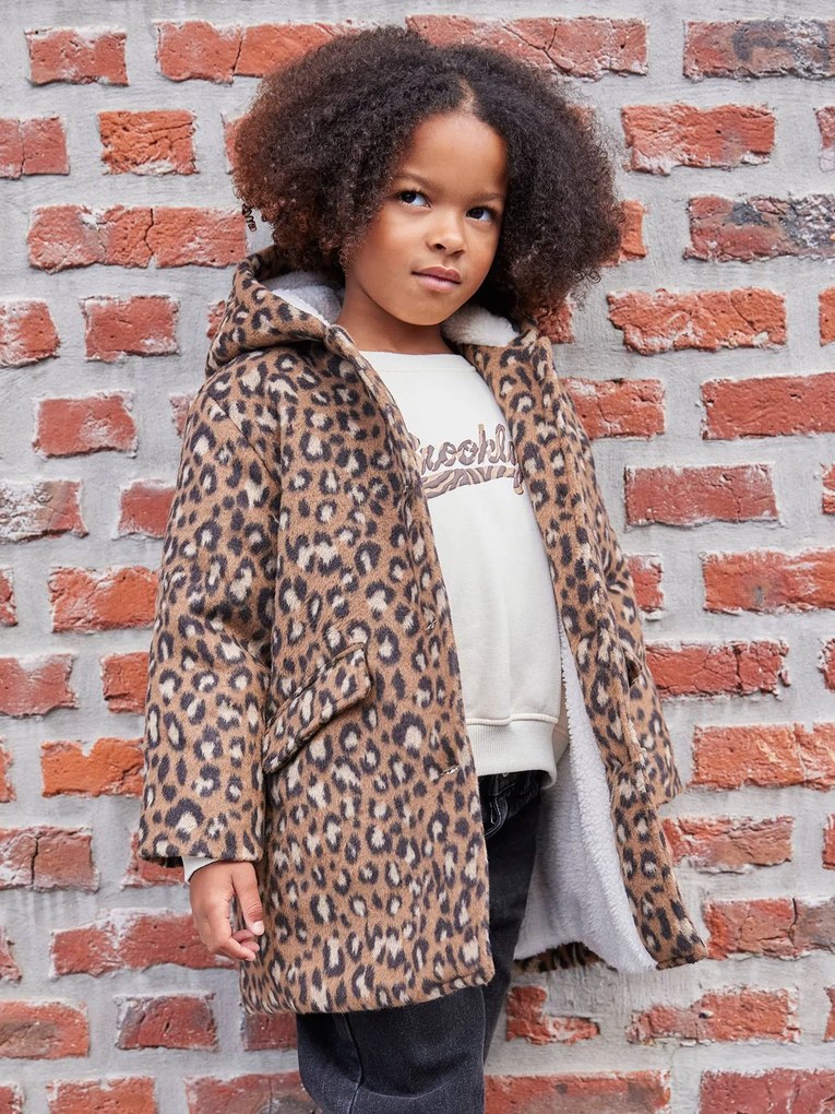 Sobretudo com capuz em fazenda de lã estampada com padrão de leopardo para menina castanho