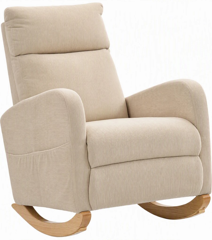 HOMCOM Cadeira de Baloiço de Veludo com Encosto Alto Pés de Madeira Bolsos Apoios de Braços Estilo Moderno 67x94x105 cm Bege | Aosom Portugal
