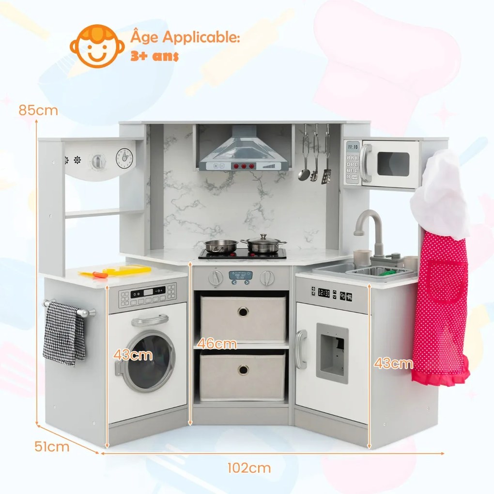 Cozinha brincar de madeira com luzes e sons realistas, dispensador de água e máquina de lavar para crianças a partir dos 3 anos cinzento