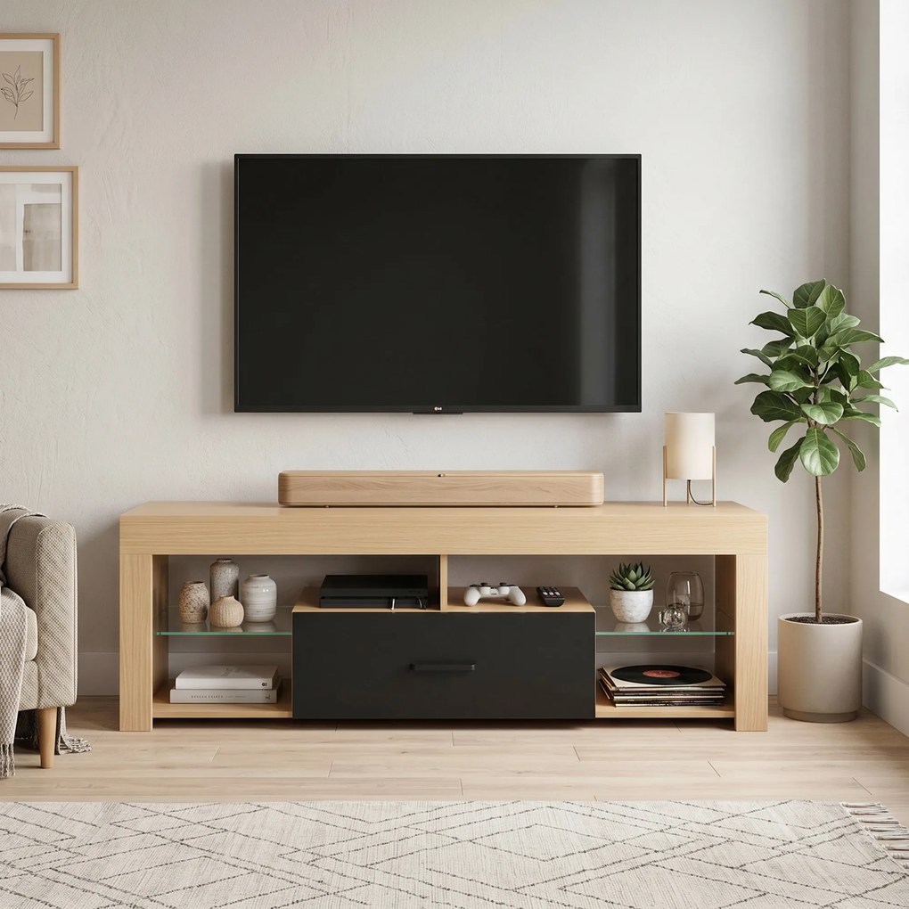 Móvel de TV 140 x 40 x 45 cm, móvel para televisor de 65 polegadas com prateleiras de vidro ajustáveis, gaveta e compartimentos abertos, cor carvalho