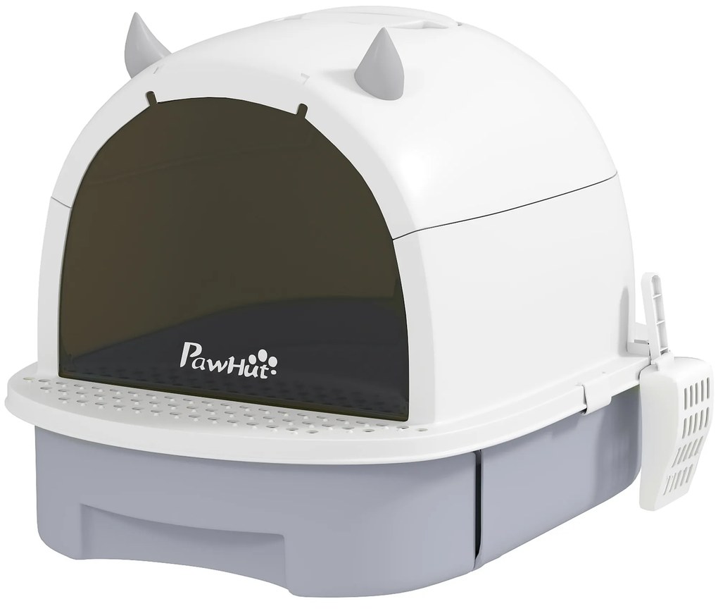 PawHut Caixa de Areia para Gatos Fechada com Tampa e Bandeja Amovíveis Filtro de Carvão e Pá 40,5x52x39 cm Branco e Cinza | Aosom Portugal
