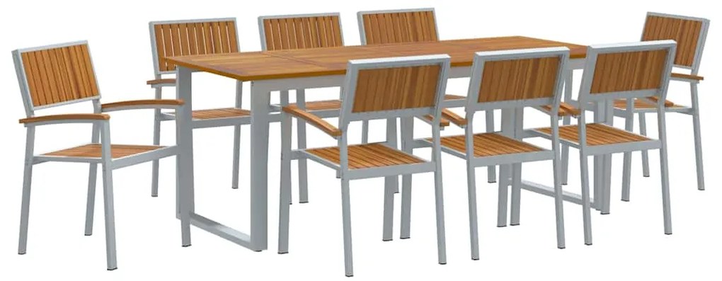 Conjunto de Jantar de Jardim de 9 Peças Cinza em Aço e Madeira de Acác