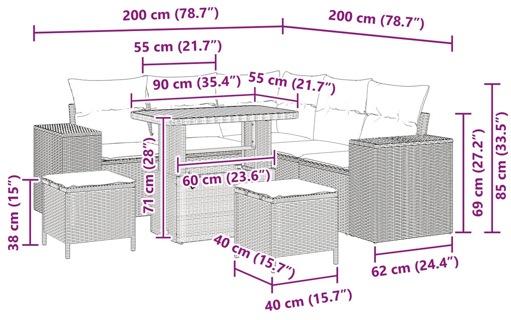 Conjunto de Sofá de Jardim vidaXL 8 Peças com Almofadas Bege Poliéster