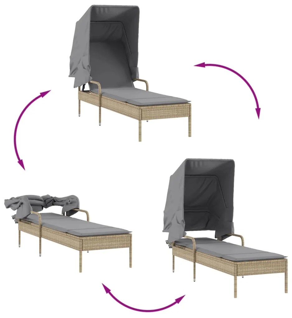 Espreguiçadeira com toldo e mesa vime PE bege