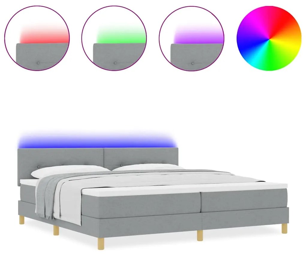 Cama Box com Colchão &amp; LED Cinza-Claro 200x200 cm Tecido