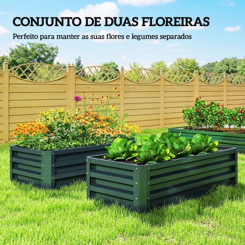 Conjunto de 2 Floreiras Grandes para Exterior em Aço Galvanizado Hortas para Terraço Jardim 110x50x30 cm Verde