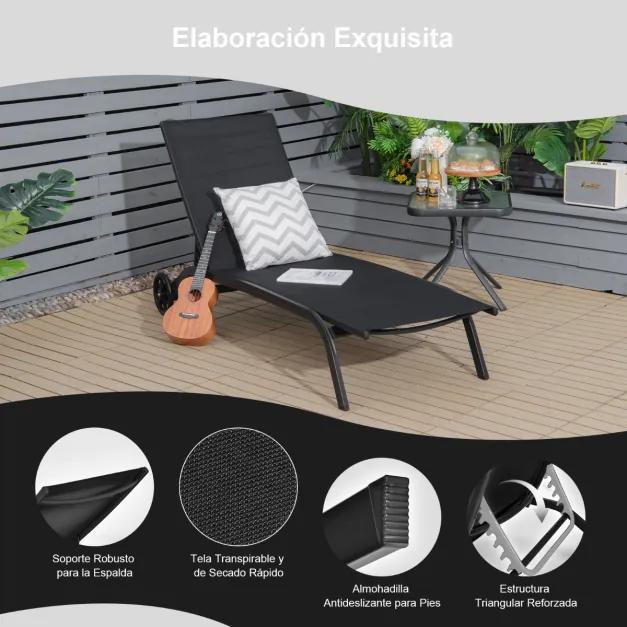 Espreguiçadeira de jardim ajustável com rodas e tecido de secagem rápida Cadeira de jardim de pátio para piscina exterior reclinável em 6 posições Pre