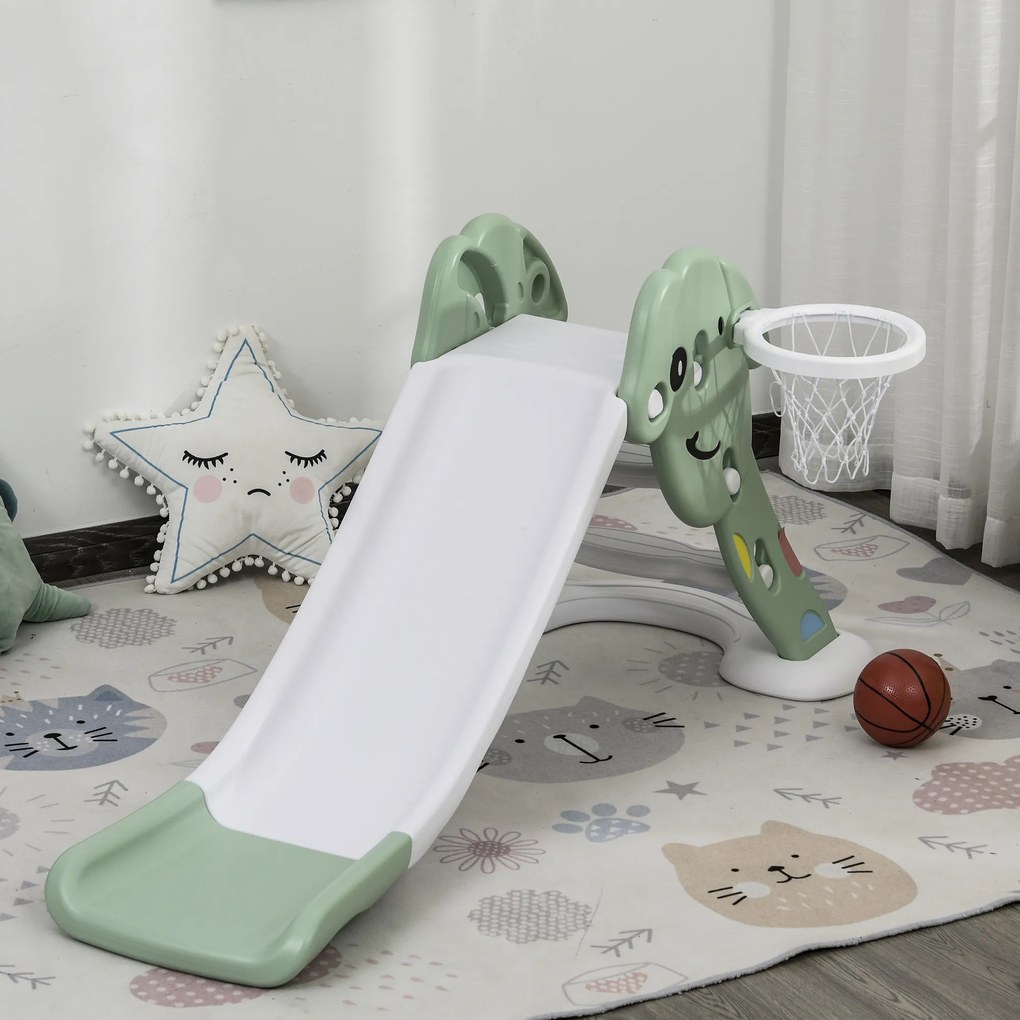 HOMCOM Escorrega infantil para crianças acima de 2 anos com cesta de basquete Interior e exterior carga 25 kg Acessórios incluídos 160x35x68 cm Verde e Branco
