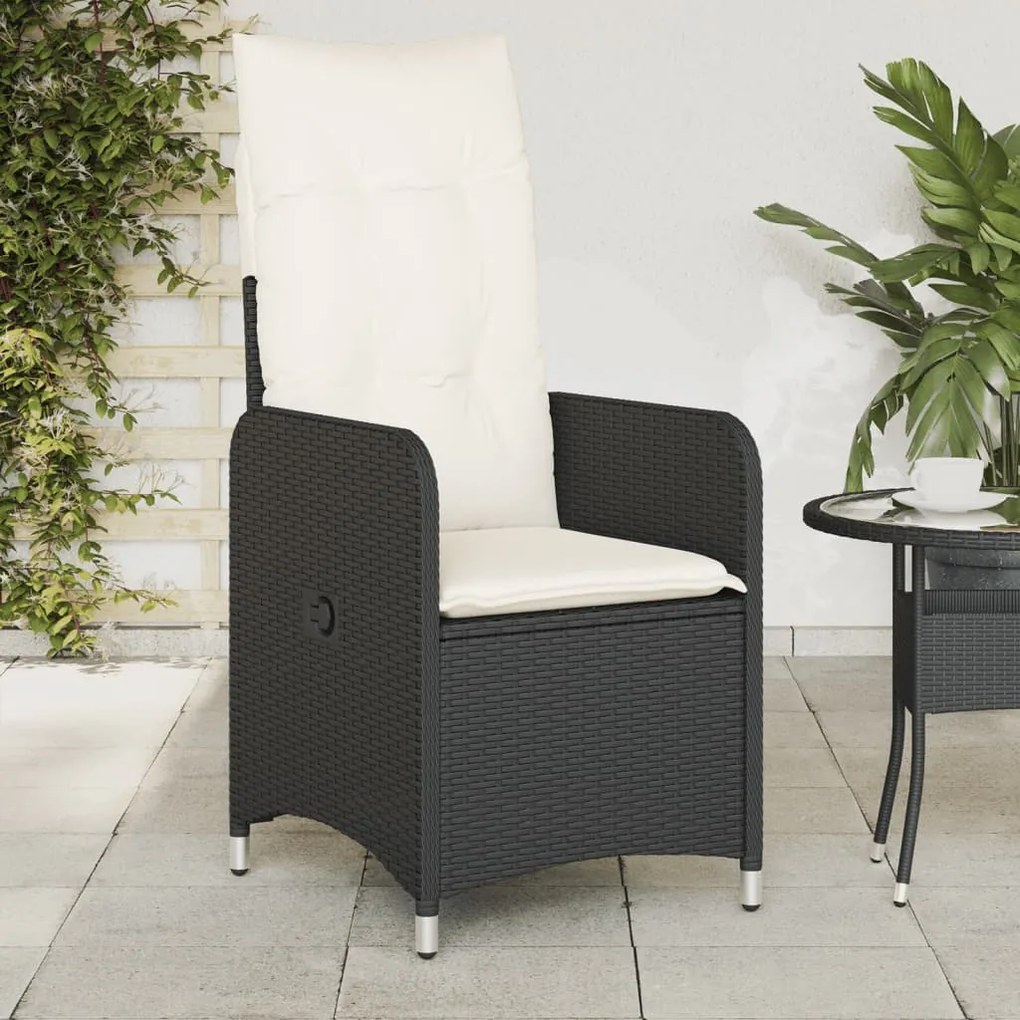 vidaXL Cadeira de jardim reclinável c/ almofadões vime PE preto