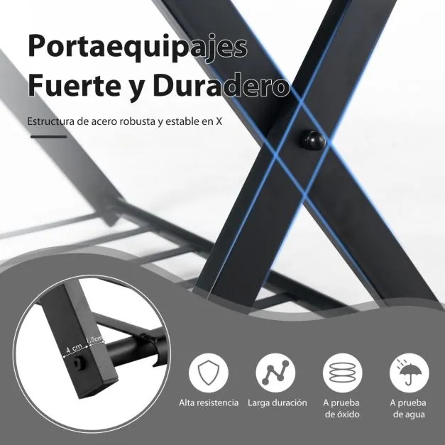 Estante dobrável de metal para bagagens até 60 kg com 4 correias estáveis e 2 pisos para casa e hotel 68 x 43 x 58 cm Preta