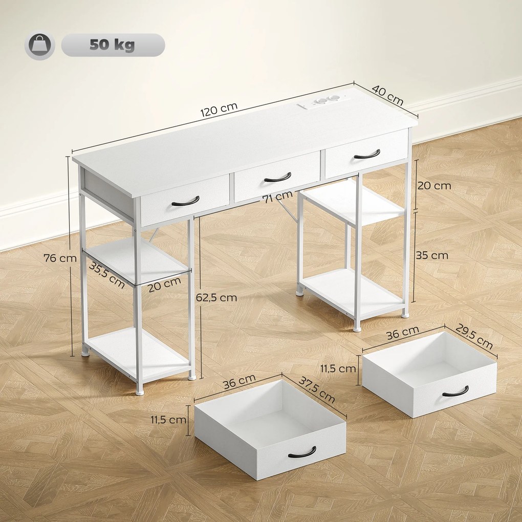 Secretária com espaço de arrumação e tomadas, 3 gavetas em tecido e 4 prateleiras, 120 x 40 x 76 cm, branco