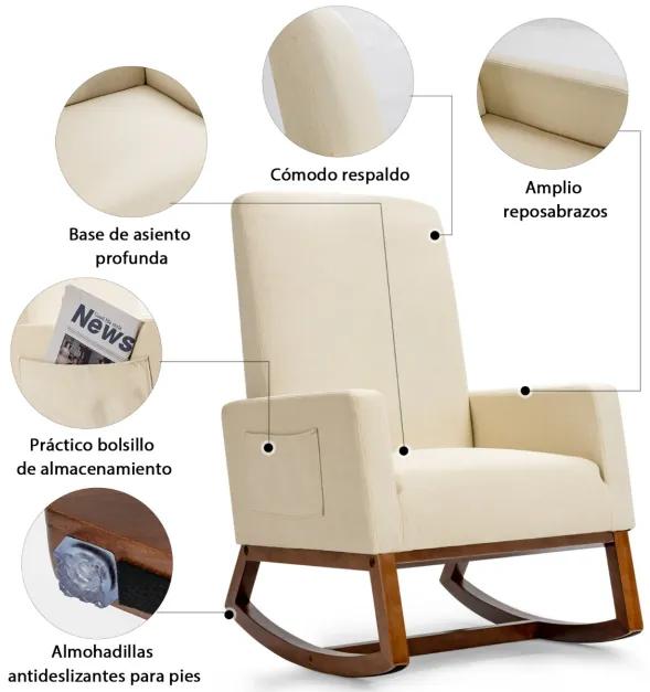 Cadeira de baloiço estofada em tecido poltrona acolchoada cadeira de madeira de borracha para sala de estar quarto 78 x 66 x 99 cm bege