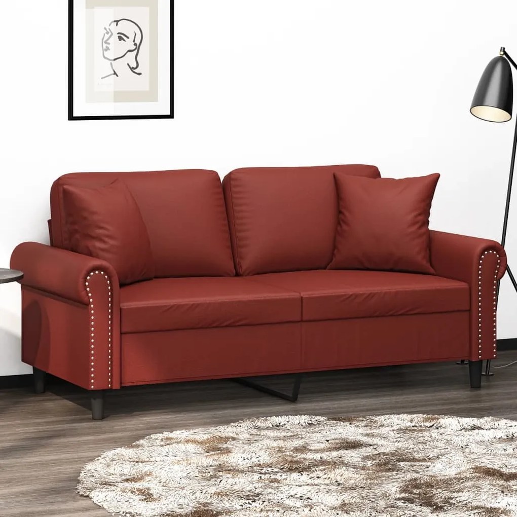 vidaXL Sofá 2 lug. c/ almofadas/almofadões couro artif. vermelho tinto