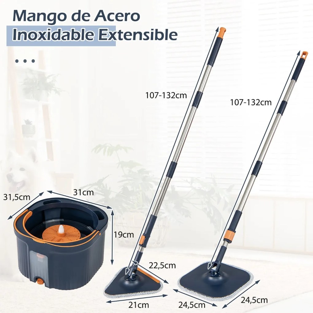 Esfregona giratória com balde separador de água limpa e suja, cabeças autoescorregantes, panos de microfibra, limpeza profunda 360°, azul escuro