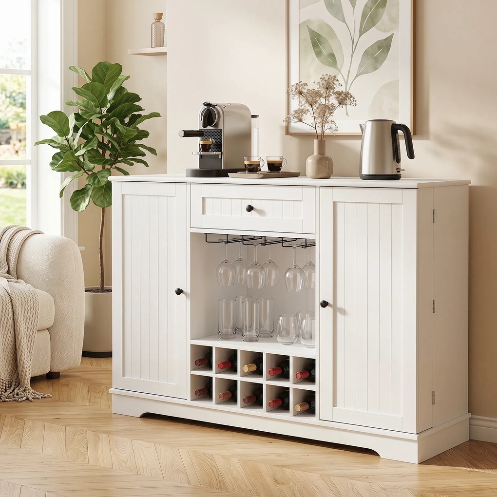 Aparador com Garrafeira, 120 x 83 x 40 cm, 10 Compartimentos para Vinho, Branco