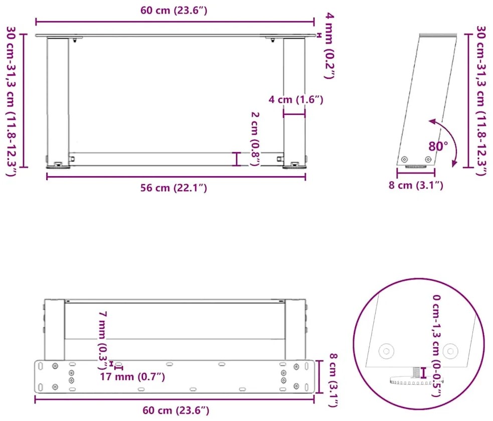 Pés para mesa de centro em formato de U, 2 peças, aço natural, 60x(30-