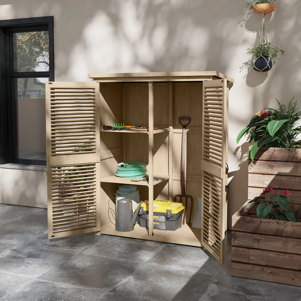 Armário de Jardim de Madeira 0,83 m² 127x65x168 cm com 2 Portas de Persiana 2 Prateleiras 2 Alças e Telhado Impermeável Natural