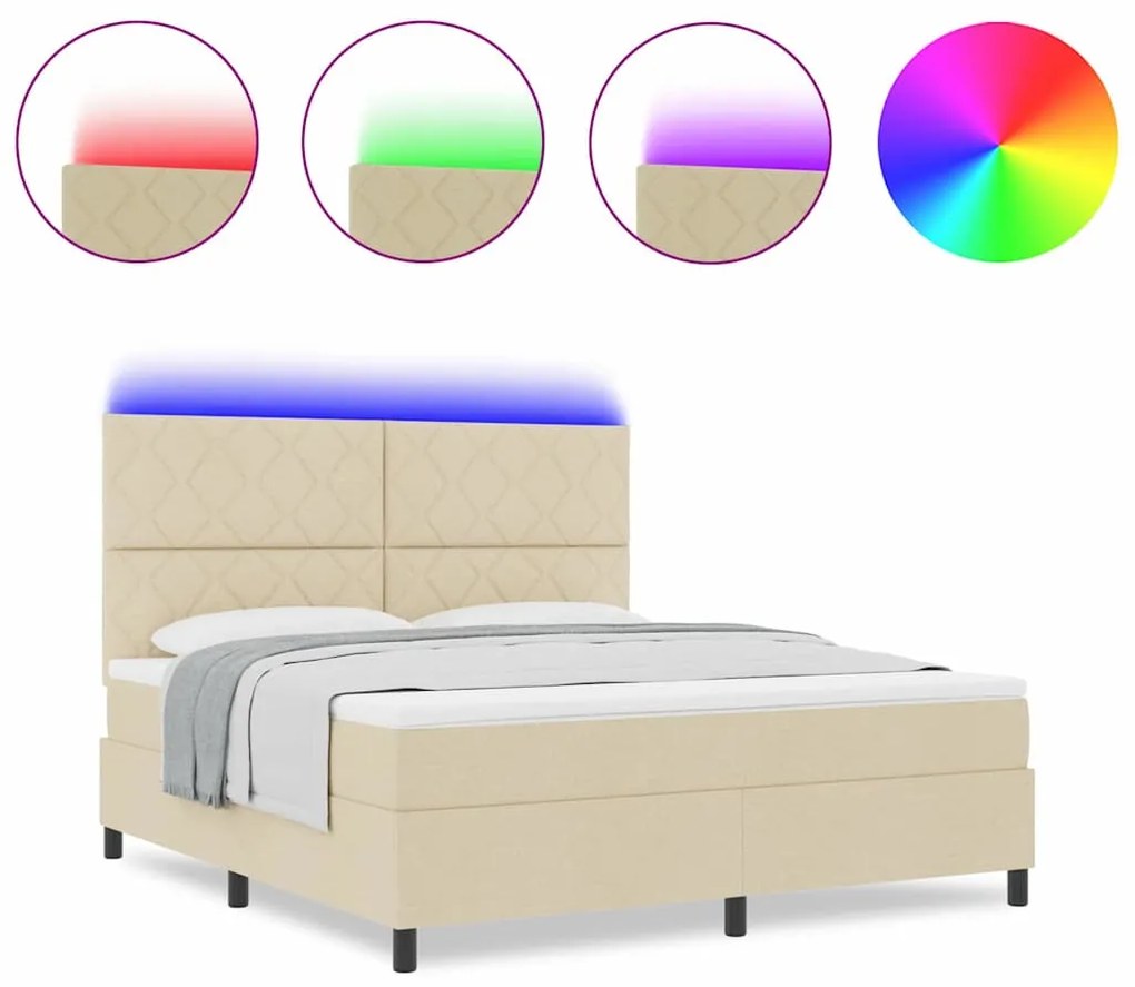 Cama com colchão e luz LED, creme - 180 x 200 cm. Feita de tecido.