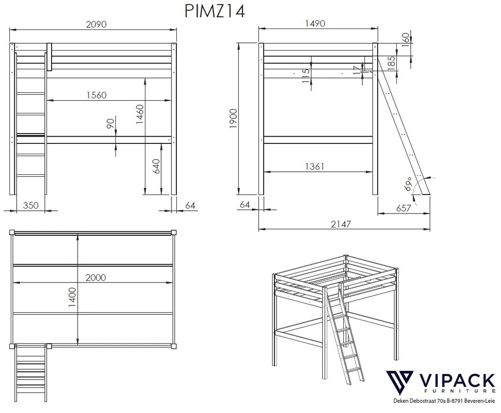 Cama alta de Criança PINO 140 x 200 cm + estrado + escada + armário com 2 portas + sofá-cama Branca