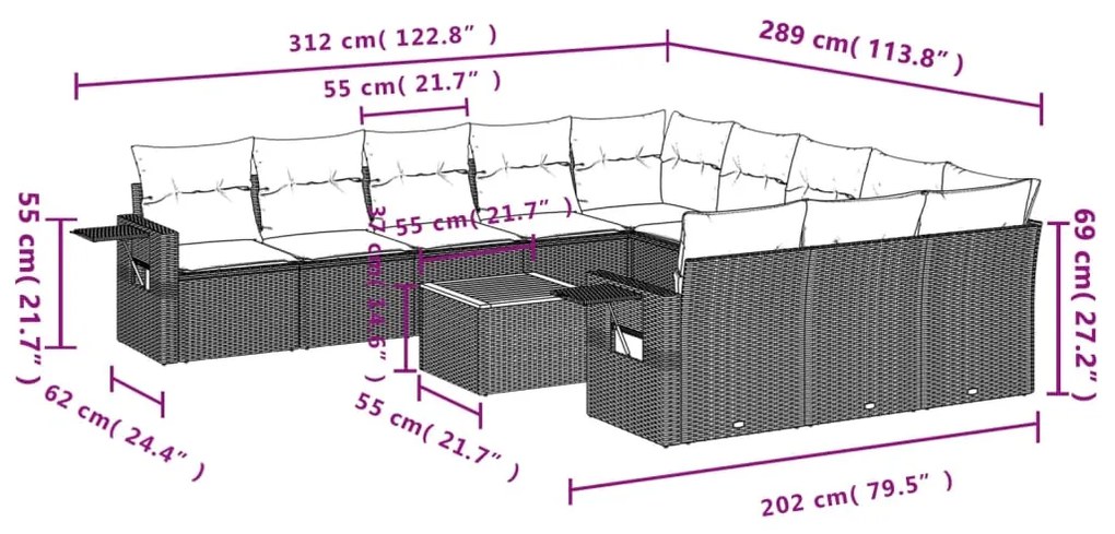 12 pcs conjunto de sofás de jardim c/ almofadões vime PE preto