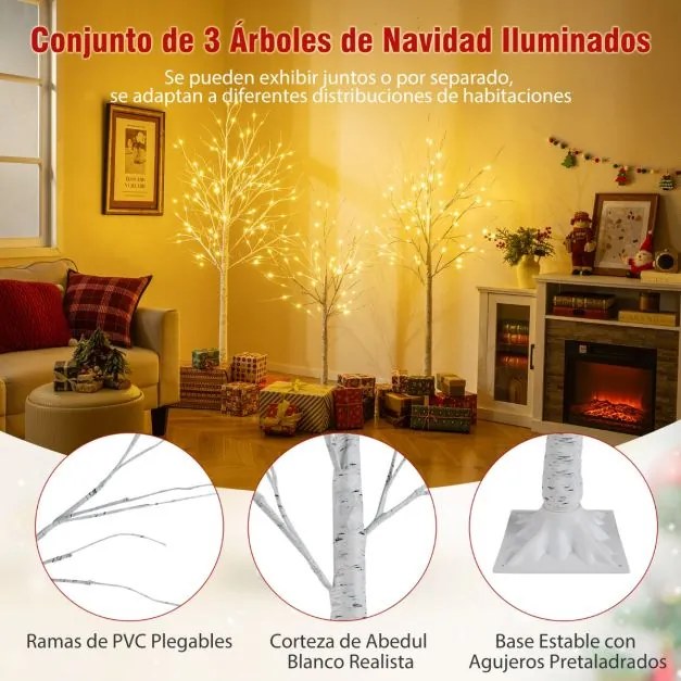 Conjunto de 3 árvores de bétula iluminadas de Natal artificiais pré-montadas de 120/150/180 cm com 216 luzes LED brancas