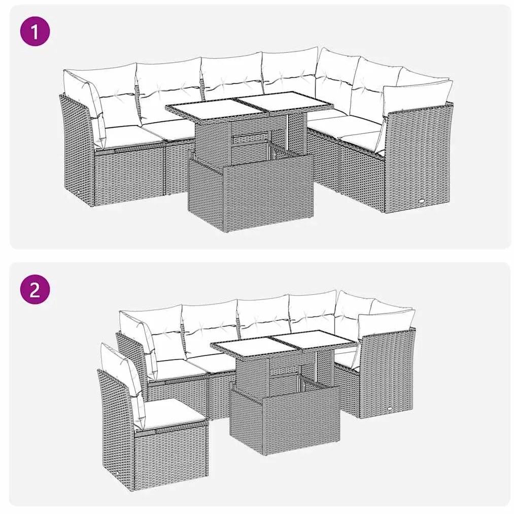 7 pcs conjunto de sofás p/ jardim c/ almofadões vime PE preto