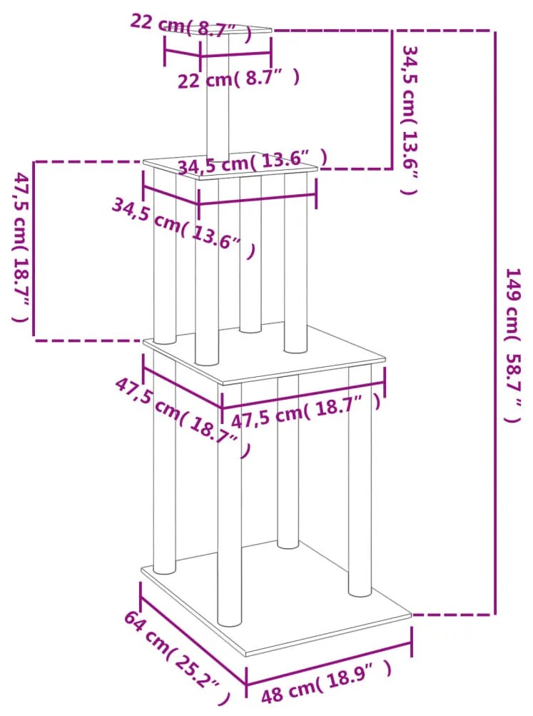 Árvore p/ gatos c/ postes arranhadores sisal 149cm cinza-escuro