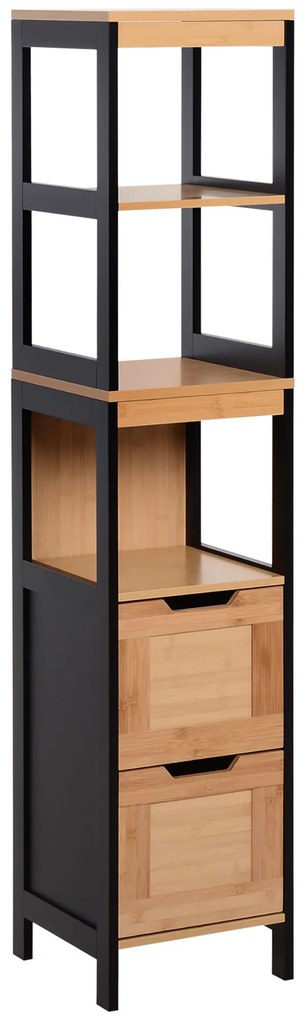 kleankin Coluna Casa de Banho com 3 Prateleiras e 2 Gavetas Armário Alto para Casa de banho Estilo Moderno 30x30x144,3 cm Madeira e Preto | Aosom Portugal