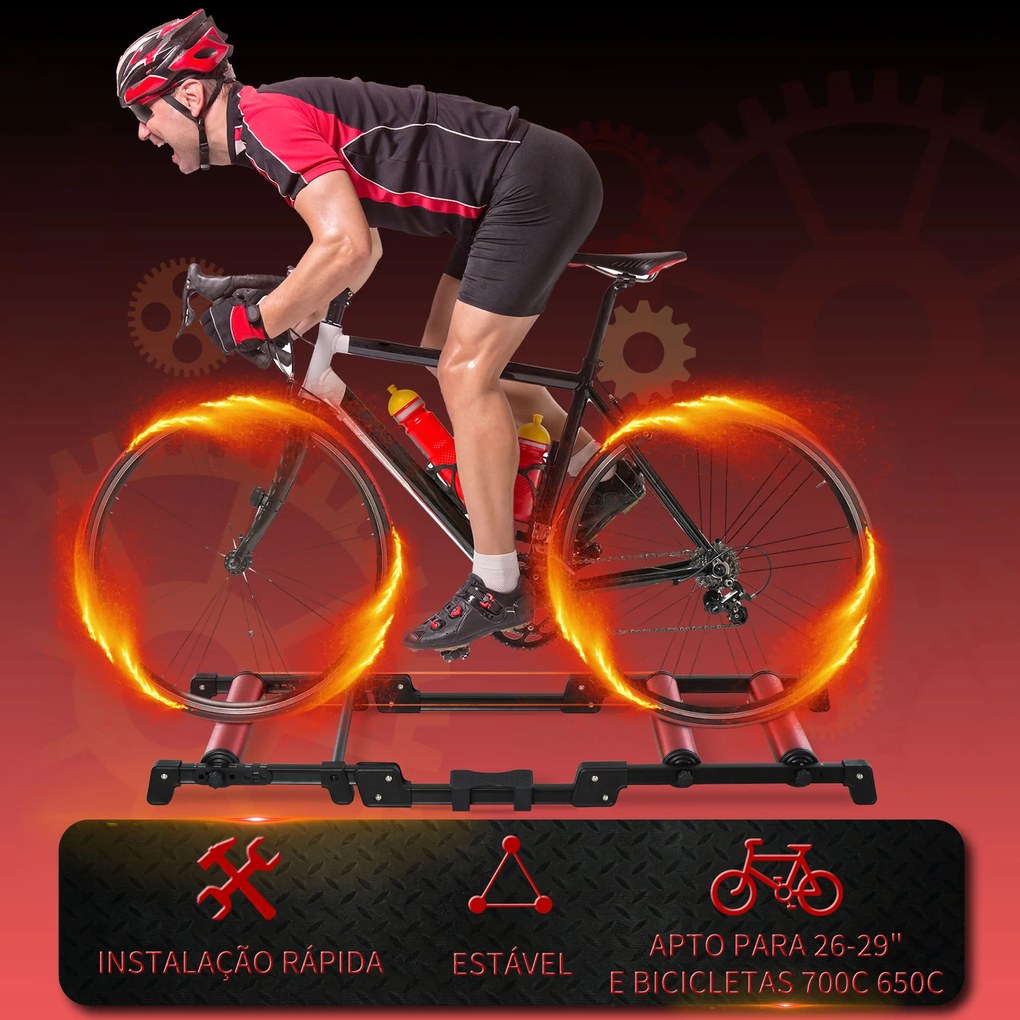 HOMCOM Rolos de bicicleta Treinamento Interno Rolo dobrável ajustável para ciclismo com pedal Esteira transportadora Suporta até 150 kg 146x55x10.5 cm Vermelho e preto