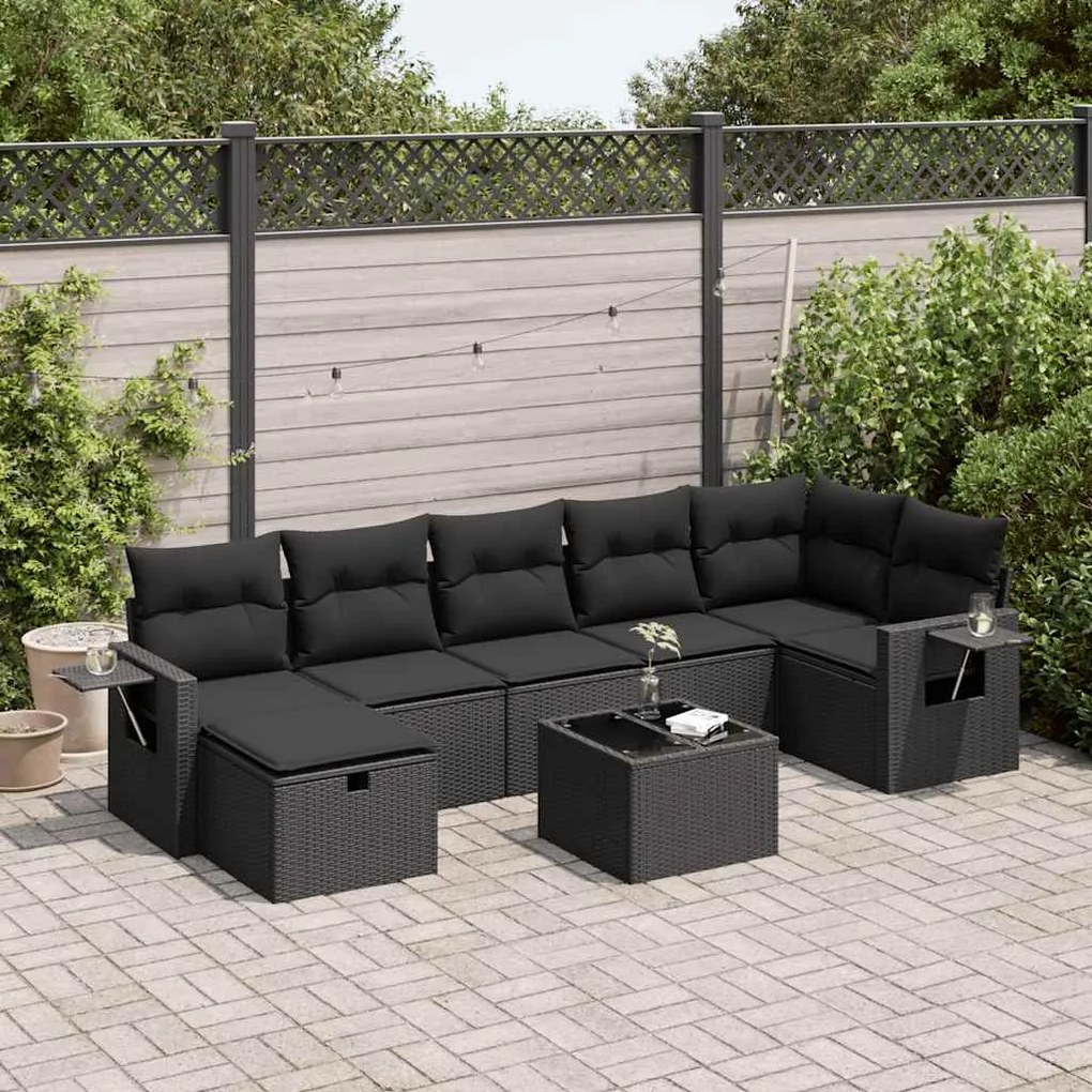 8 pcs conjunto sofás de jardim com almofadões vime PE preto