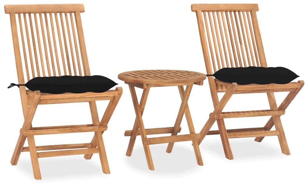 vidaXL 3 pcs conj. jantar dobrável exterior c/ almofadão teca maciça