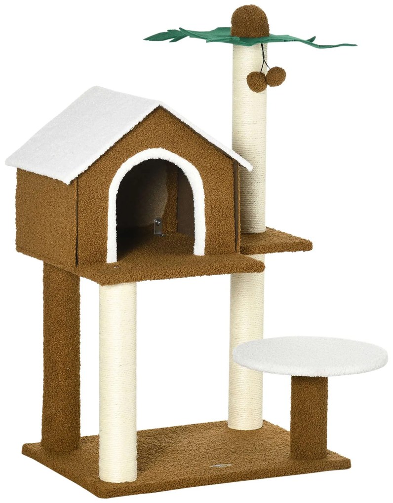 PawHut Árvore Gatos Arranhador Casa Pelúcia Plataforma Poste Coqueiro Sisal 55x40x89cm Marrom Diversão Tropical