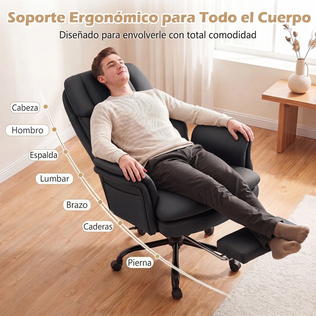 Cadeira de Escritório com Apoio para os Pés, 63-114 x 78 x 118-125 cm, Encosto Reclinável, Preto