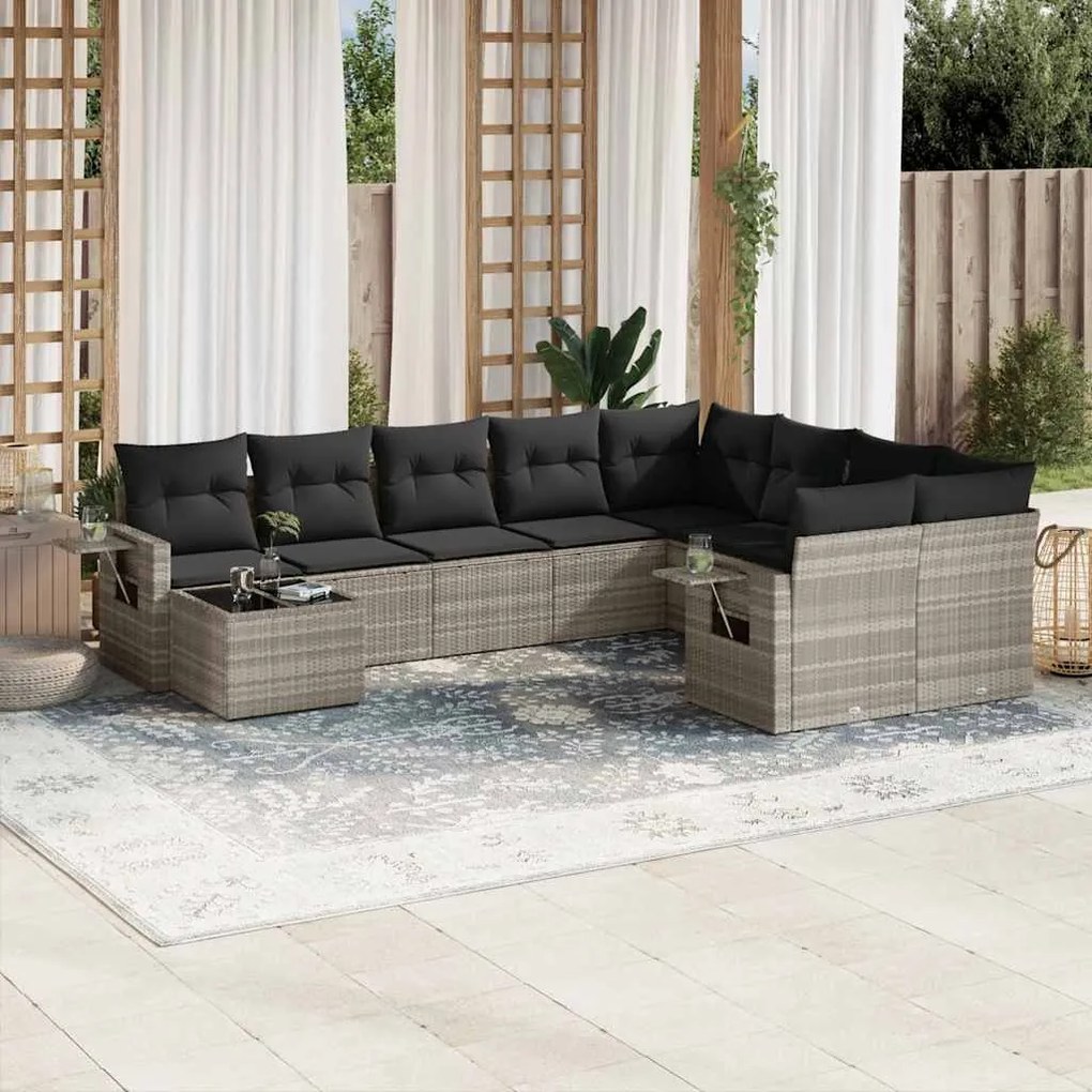 vidaXL 10 pcs conj. sofás jardim com almofadões vime PE cinzento-claro