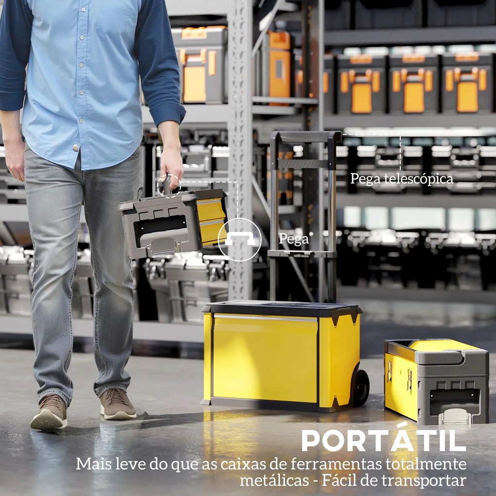 Caixa de Ferramentas Empilhável 3 em 1 Caixa de Ferramentas com Rodas Carro de Ferramentas de Aço 52x32x72 cm Amarelo e Preto