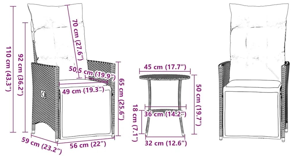 Conjunto Bistro de 3 peças com almofadas em rattan sintético cinza