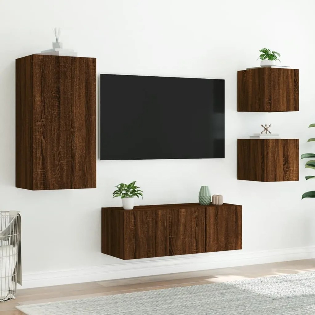 5 pcs móveis parede p/ TV LEDs deriv. madeira carvalho castanho
