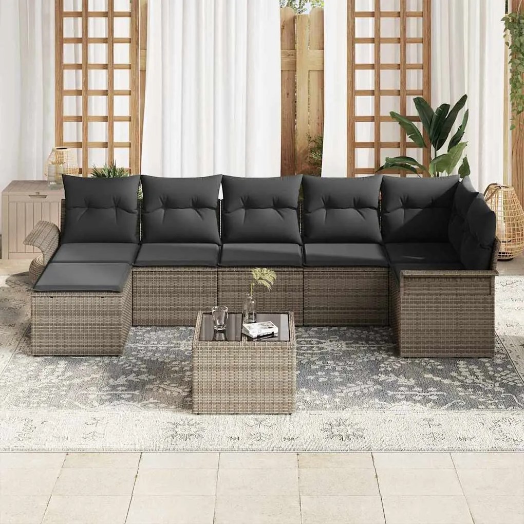 Conjunto de Sofá de Jardim de 7 Peças com Almofadas Preto Poliratan