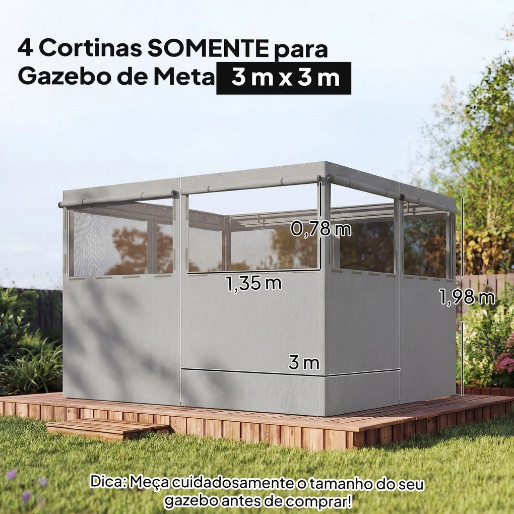 4 Paredes Laterais para Tenda (NÃO INCLUIDA) 3x3 m Laterais de Tenda com 8 Janelas Proteção UV 30+ Impermeável Cinzento Claro