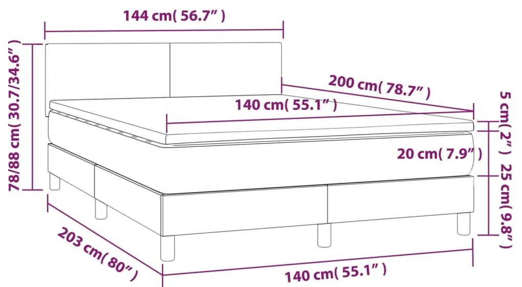 Cama box spring c/ colchão e LED 140x200 cm tecido cor creme