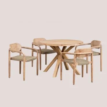 Conjunto De Mesa Redonda (ø100 Cm) E 4 Cadeiras De Jardim Em Madeira Naele Com Braços Castanho Trigo - Sklum