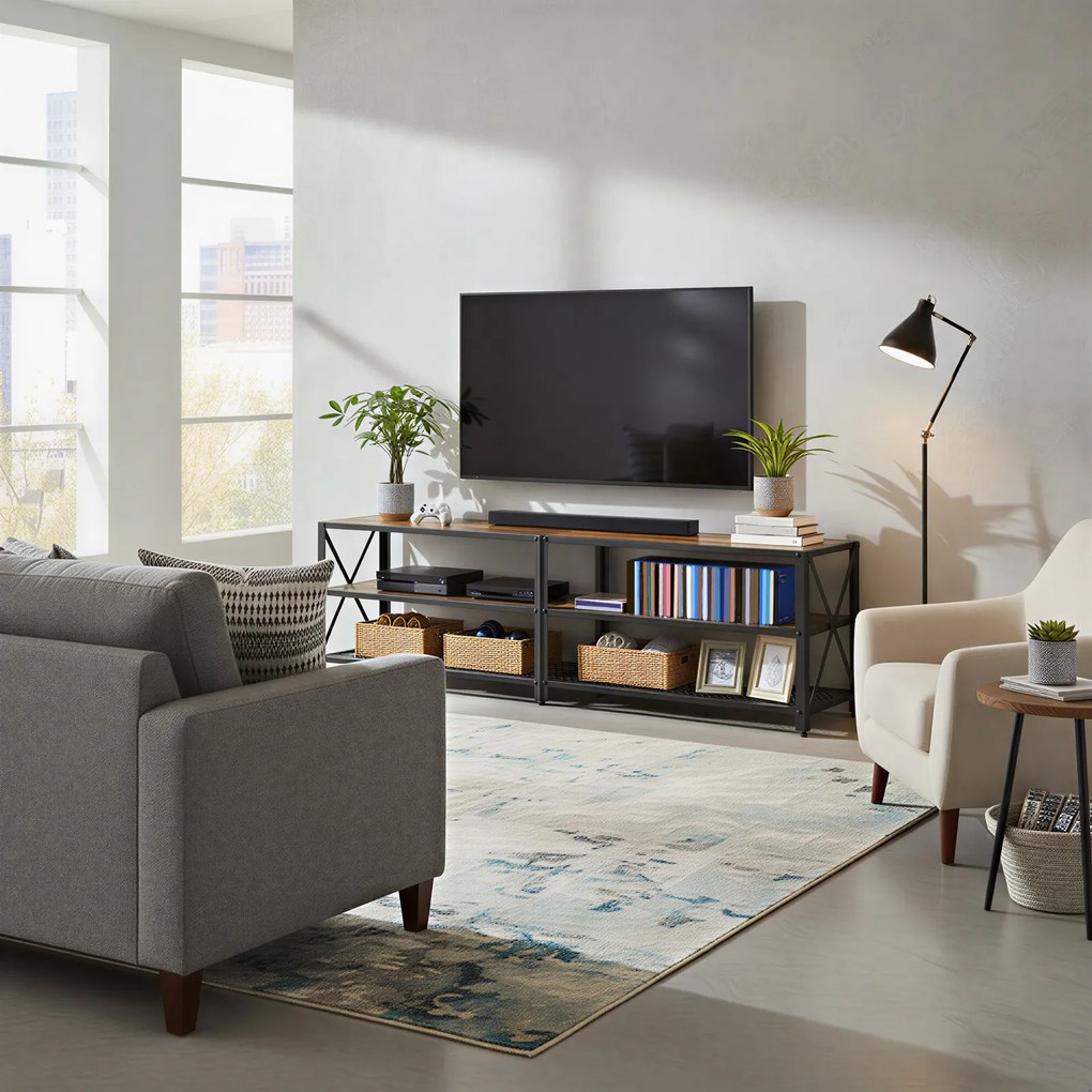 Móvel TV baixo com estrutura em aço, 178 x 39 x 52 cm com espaço de arrumação castanho-preto