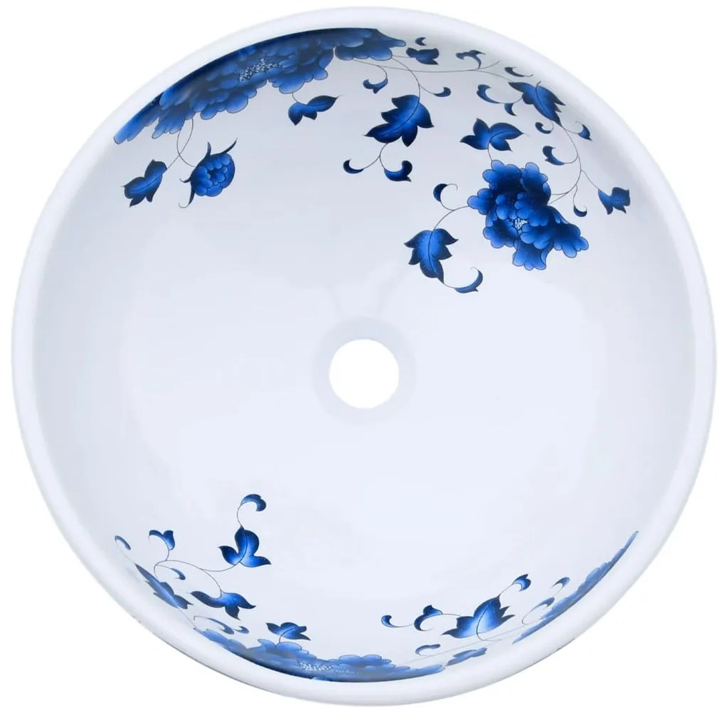 Lavatório de bancada redondo Φ41x14 cm cerâmica branco e azul