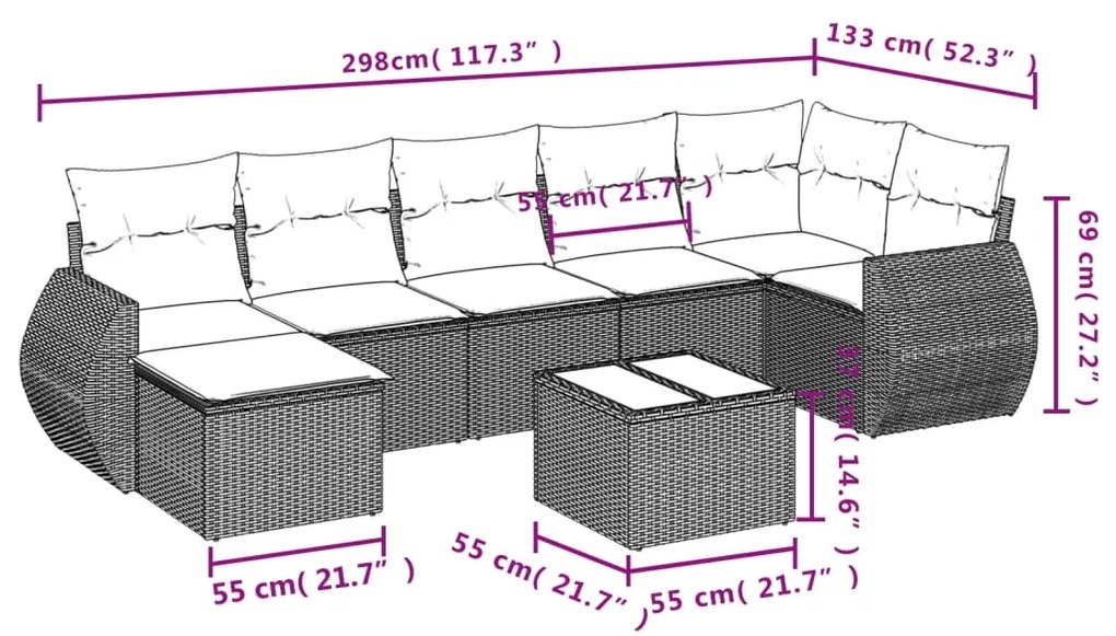 8 pcs conjunto sofás de jardim c/ almofadões vime PE castanho