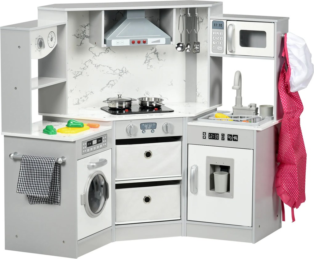 Cozinha infantil de madeira 111 x 49 x 85 cm com 17 acessórios de plástico (legumes, botões e luzes) e chapéu de cozinheiro, para crianças dos 3 aos 6
