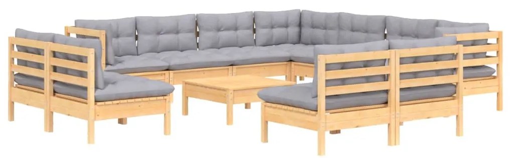 12pcs conjunto lounge de jardim + almofadões cinza pinho maciço
