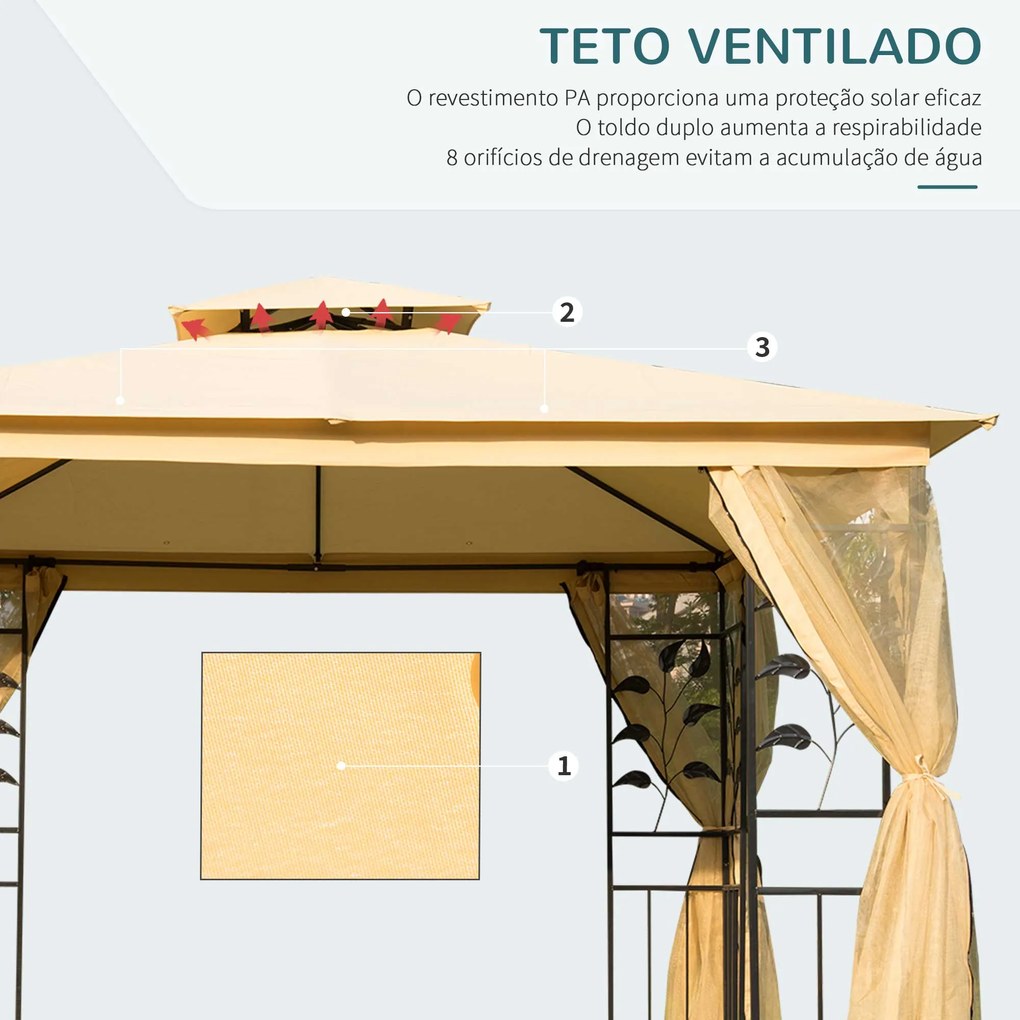 Pérgola de Jardim com Estrutura de Aço Teto Duplo 6 Cortinas Laterais 8 Orifícios de Drenagem 300x400x280 cm Creme