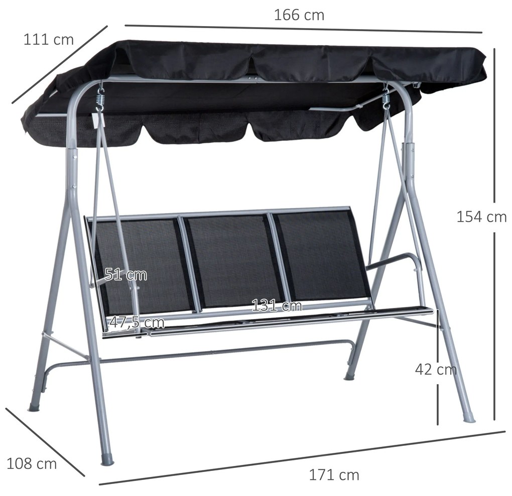 Outsunny Baloiço Jardim de 3 Lugares com Toldo Ajustável Encosto Respi