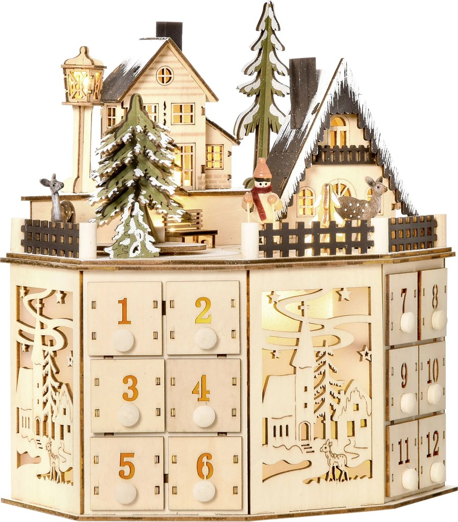 HOMCOM Calendário do Advento de Natal em Madeira Reutilizável com Luzes LED, 24 Gavetas, Cena de Aldeia, 25x20x29 cm, Natural | Aosom Portugal